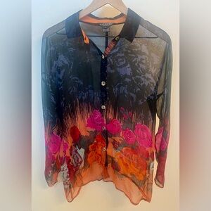 Citron Santa Monica 100% Silk Sheer Floral Button Up Blouse-Small- Wearable Art